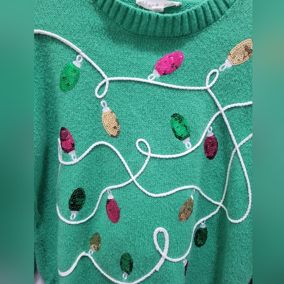 Christmas Vine & Love Sequin Lightbulb Green Sweater Size S - Picture 3 of 5